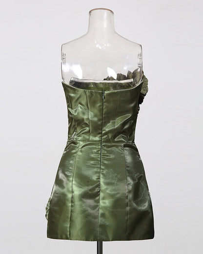 Green Strapless 3D Floral Mini Dress