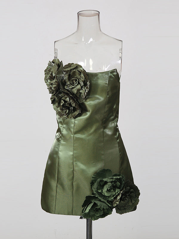Green Strapless 3D Floral Mini Dress