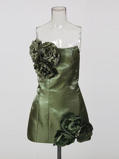 Green Strapless 3D Floral Mini Dress