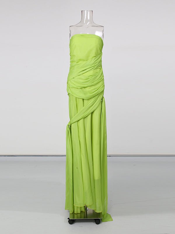 Green Strapless Drape Tie Waist Maxi Dress