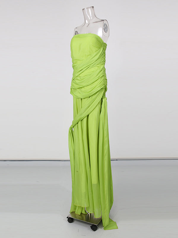 Green Strapless Drape Tie Waist Maxi Dress