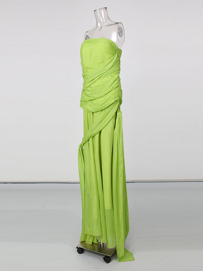 Green Strapless Drape Tie Waist Maxi Dress