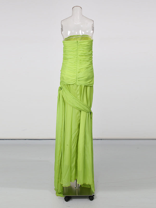 Green Strapless Drape Tie Waist Maxi Dress