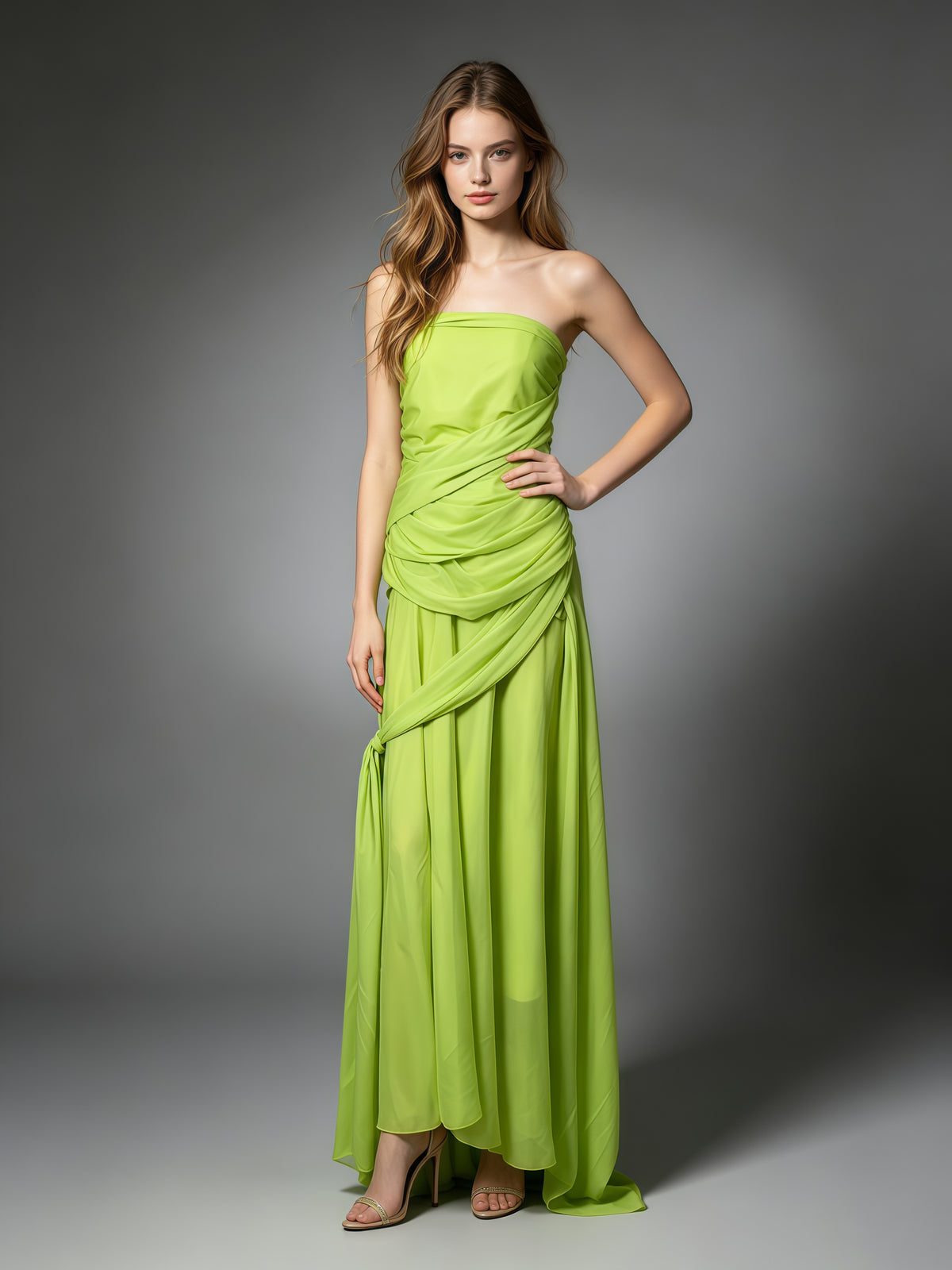 Green Strapless Drape Tie Waist Maxi Dress