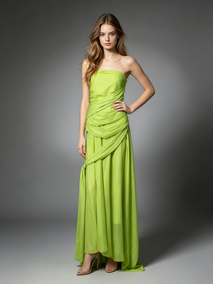 Green Strapless Drape Tie Waist Maxi Dress
