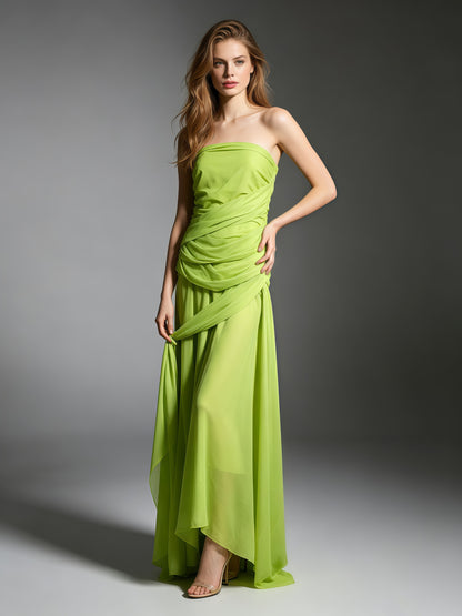 Green Strapless Drape Tie Waist Maxi Dress