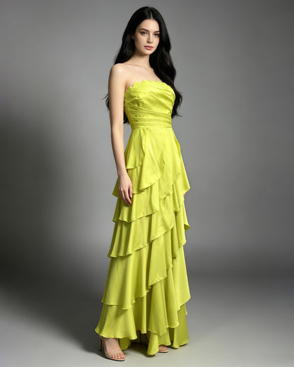 Green Strapless Ruched Ruffle Maxi Evening Dress