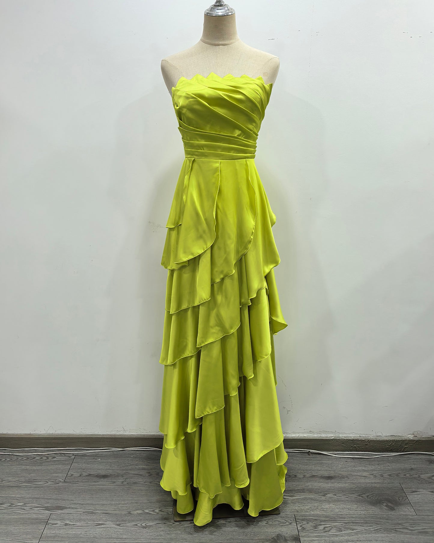 Green Strapless Ruched Ruffle Maxi Evening Dress