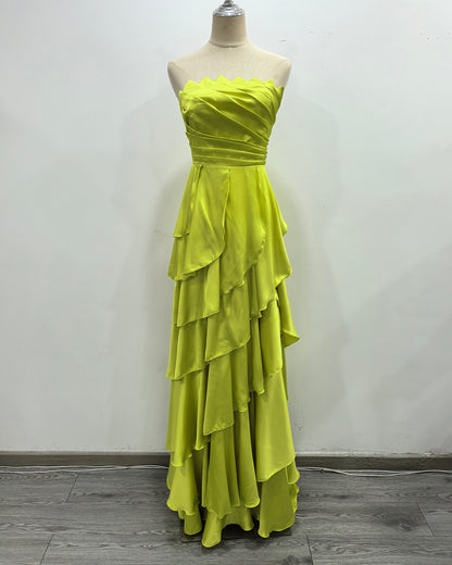 Green Strapless Ruched Ruffle Maxi Evening Dress