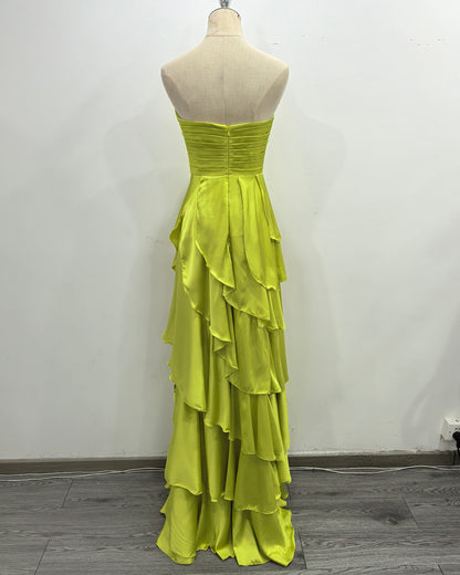 Green Strapless Ruched Ruffle Maxi Evening Dress