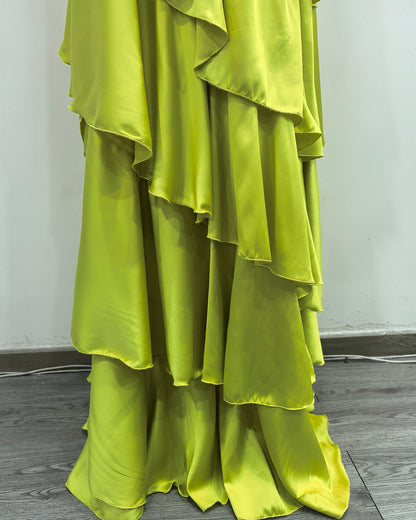 Green Strapless Ruched Ruffle Maxi Evening Dress