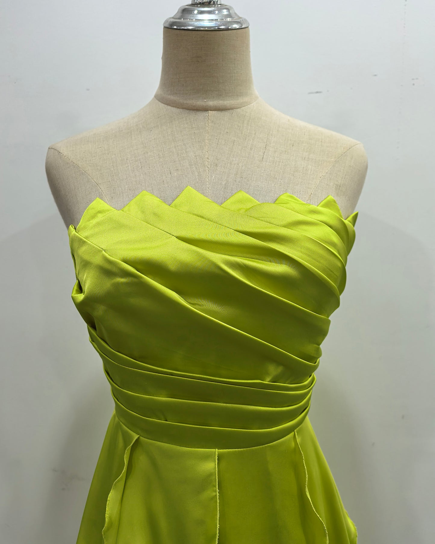 Green Strapless Ruched Ruffle Maxi Evening Dress