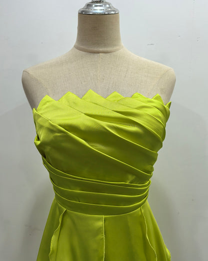 Green Strapless Ruched Ruffle Maxi Evening Dress