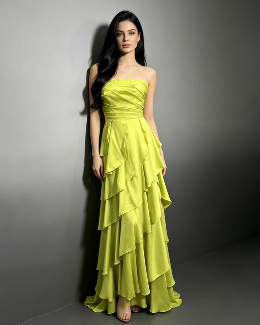Green Strapless Ruched Ruffle Maxi Evening Dress