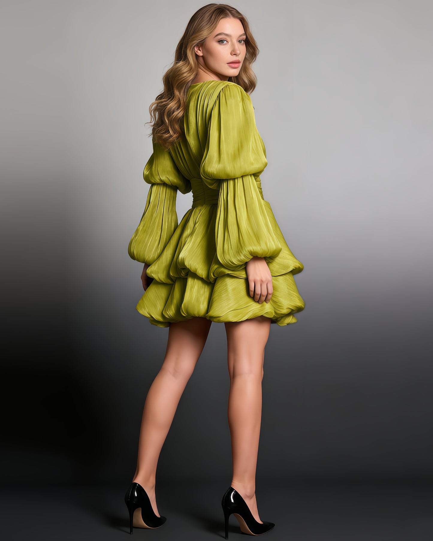 Green V-Neck Ruched Puff Sleeve Dress