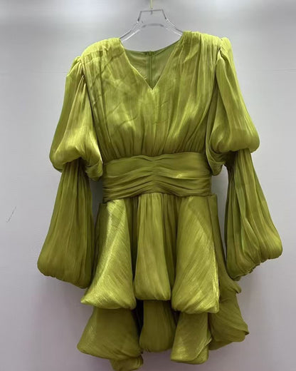 Green V-Neck Ruched Puff Sleeve Dress