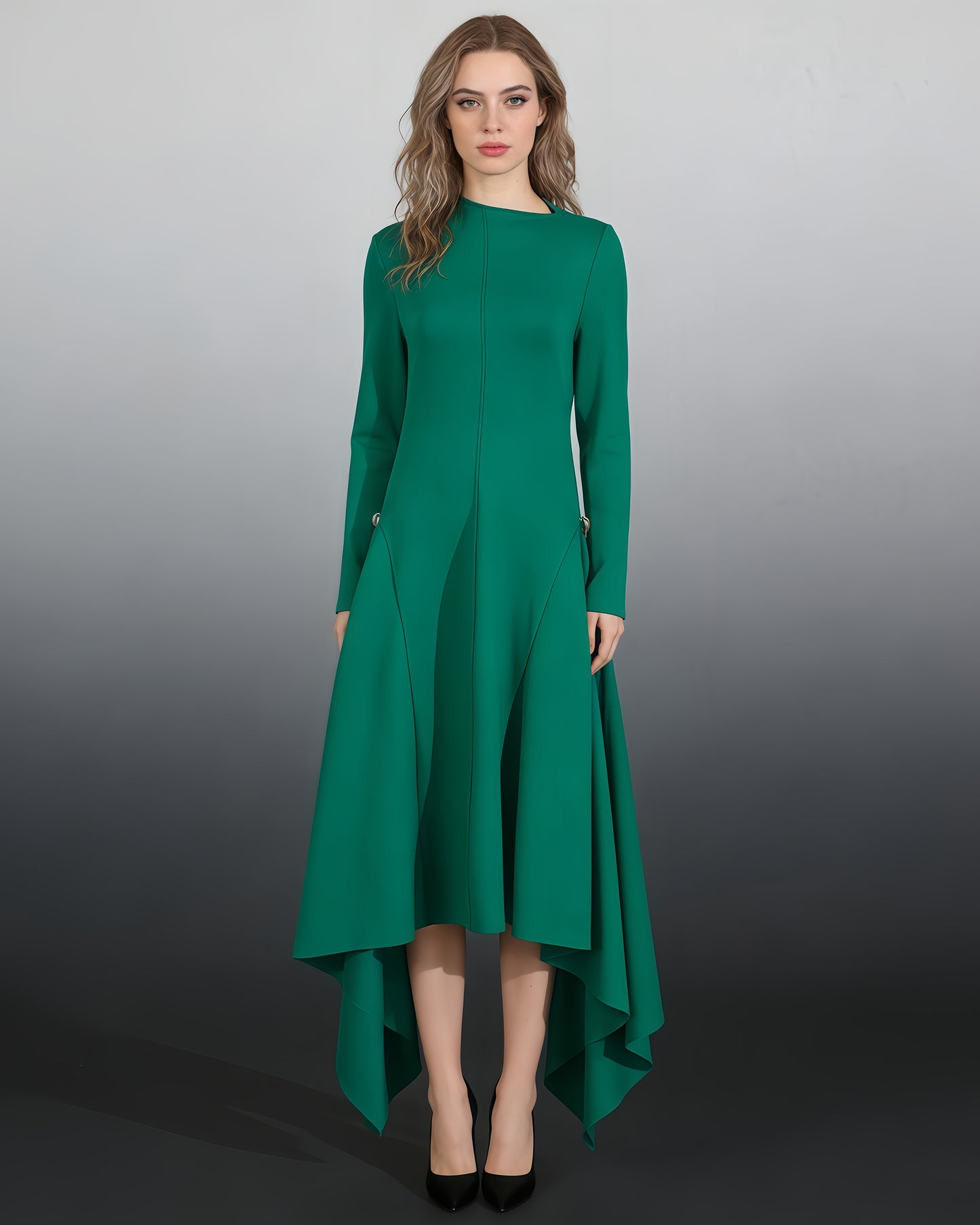 Green Asymmetric Hem Dress with Side Ring
