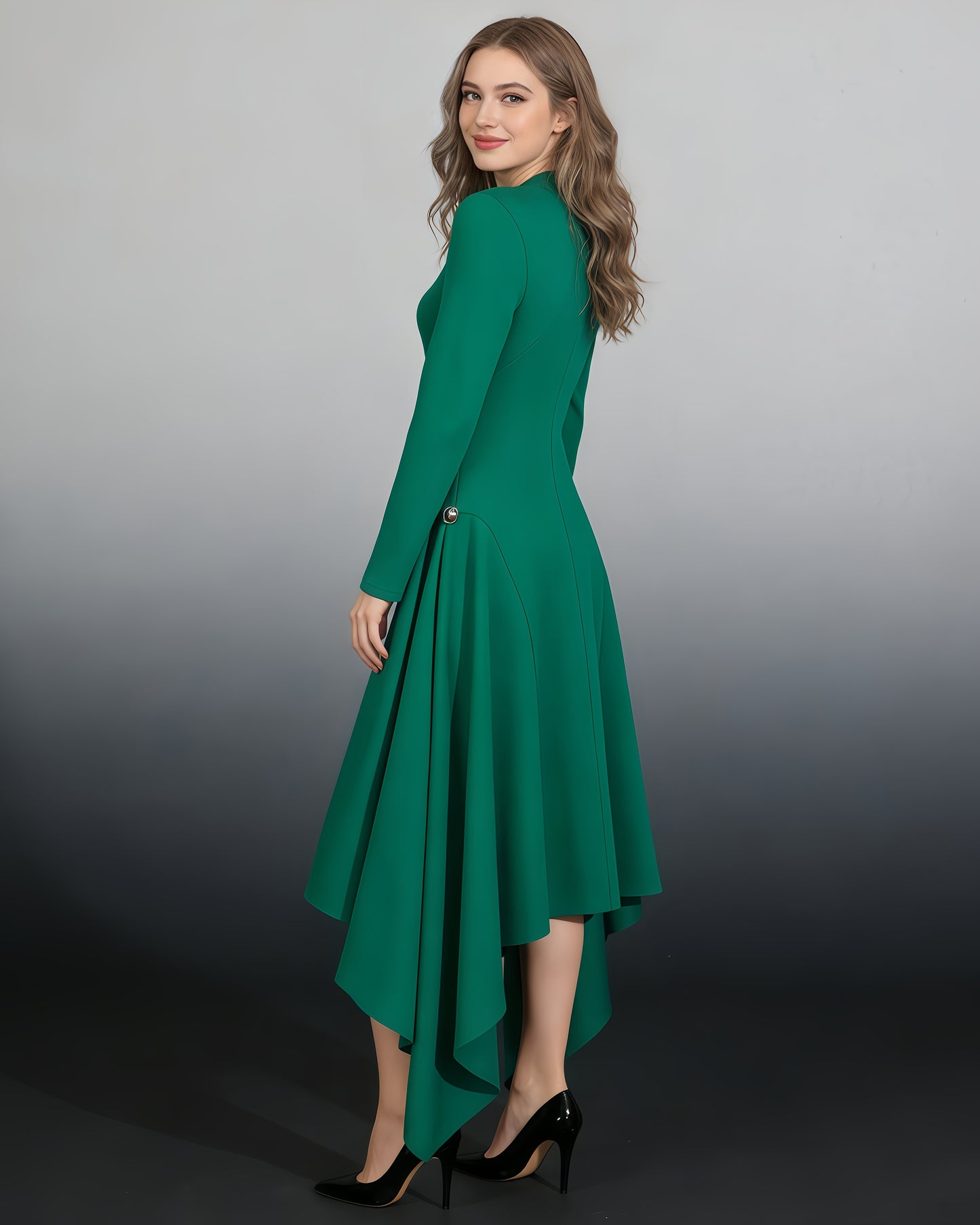 Green Asymmetric Hem Dress with Side Ring