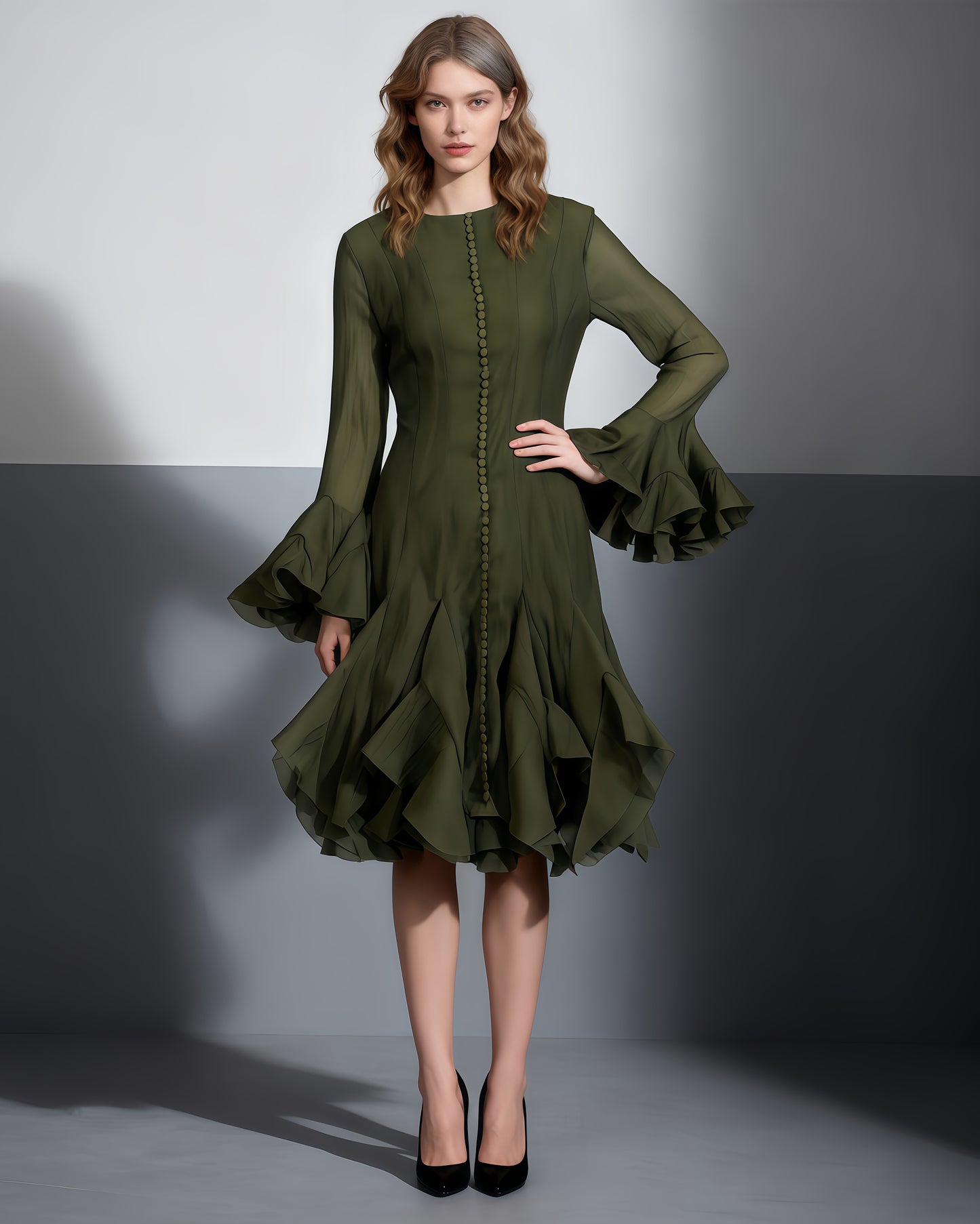 Green Bell Sleeve Ruffled Long Dress with Button Front