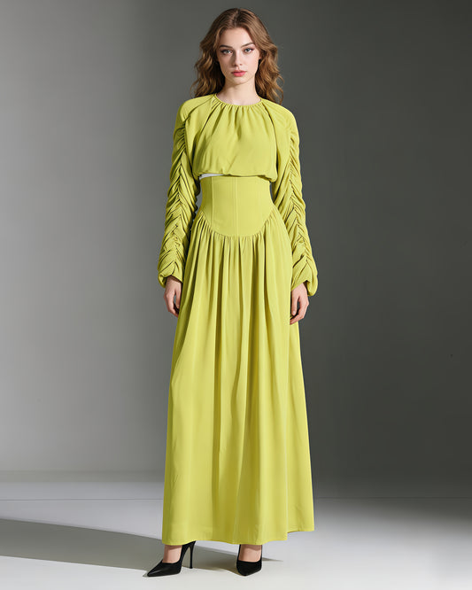 Green Ruched Sleeve Top & Maxi Skirt Two-Piece Set