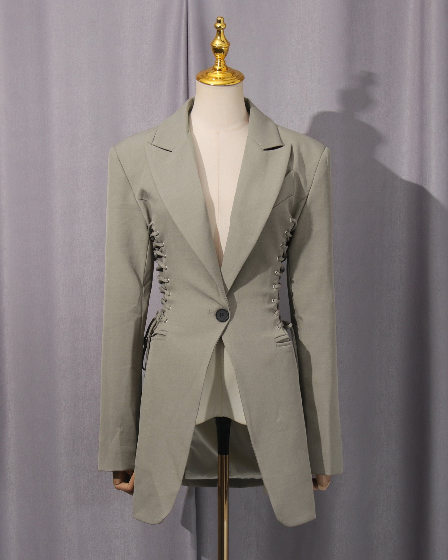 Grey-Green Side Lace-Up Fitted Blazer