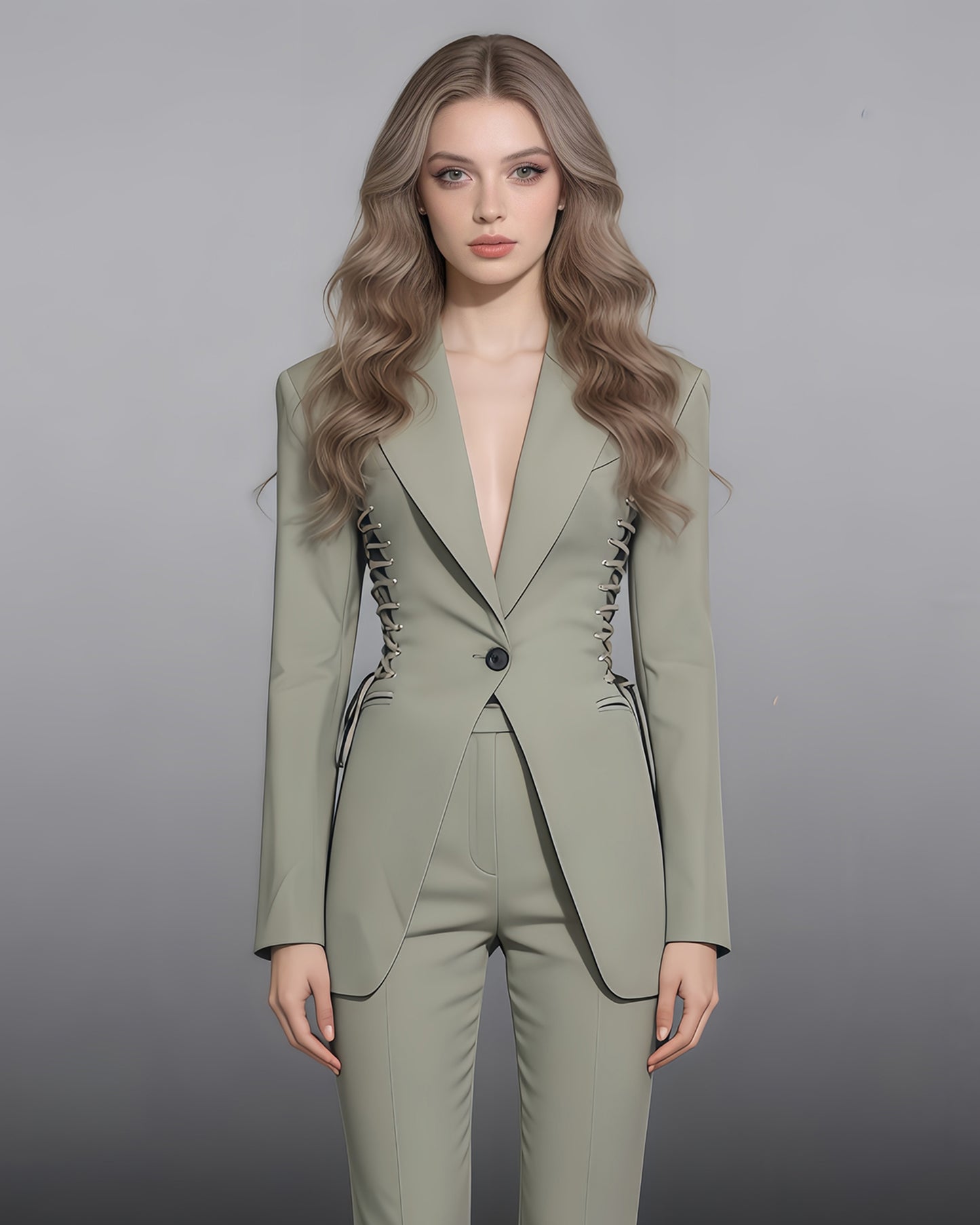 Grey-Green Side Lace-Up Fitted Blazer
