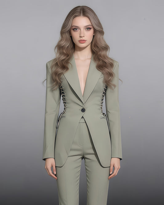 Grey-Green Side Lace-Up Fitted Blazer