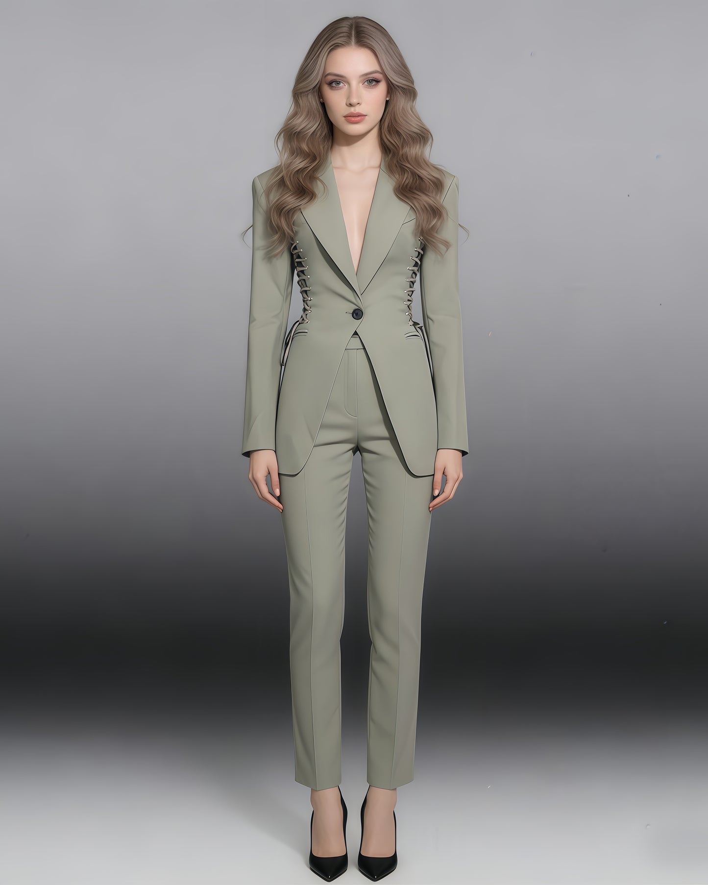 Grey-Green Side Lace-Up Fitted Blazer