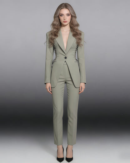 Grey-Green Side Lace-Up Fitted Blazer