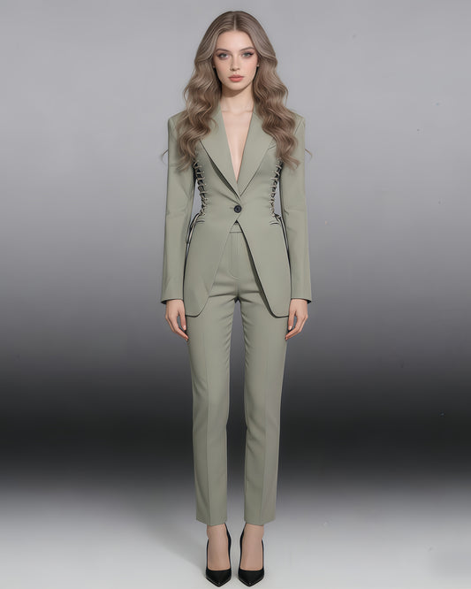 Grey-Green Side Lace-Up Fitted Blazer