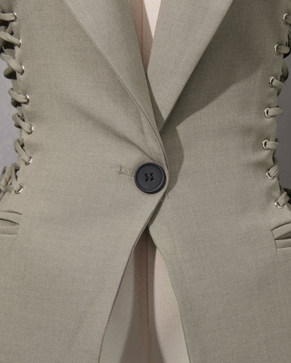 Grey-Green Side Lace-Up Fitted Blazer