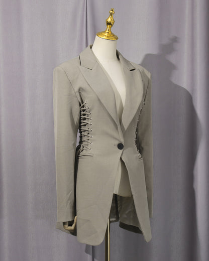 Grey-Green Side Lace-Up Fitted Blazer