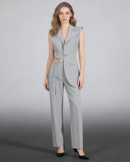 Grey Asymmetrical Cutout Waist Vest Blazer