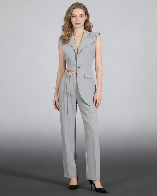 Grey Asymmetrical Cutout Waist Vest Blazer