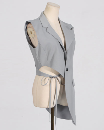Grey Asymmetrical Cutout Waist Vest Blazer