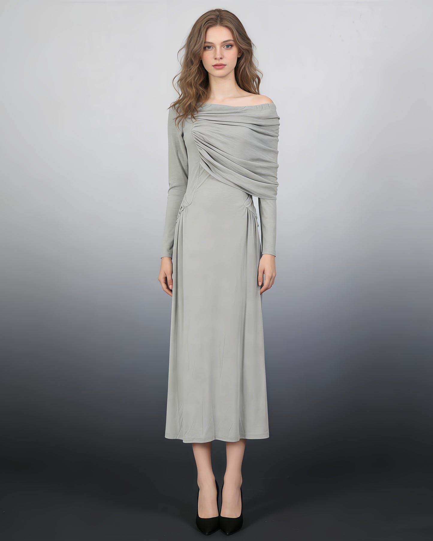 Grey Asymmetrical Draped Maxi Dress