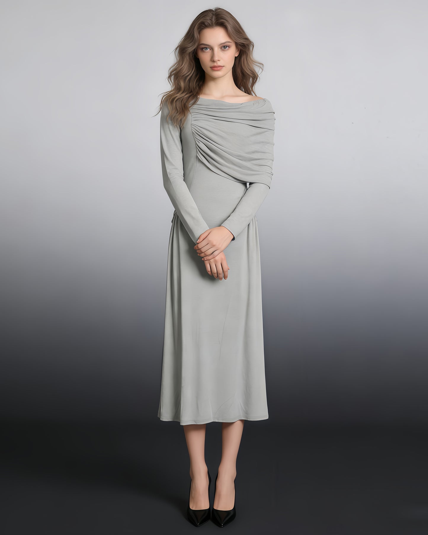 Grey Asymmetrical Draped Maxi Dress