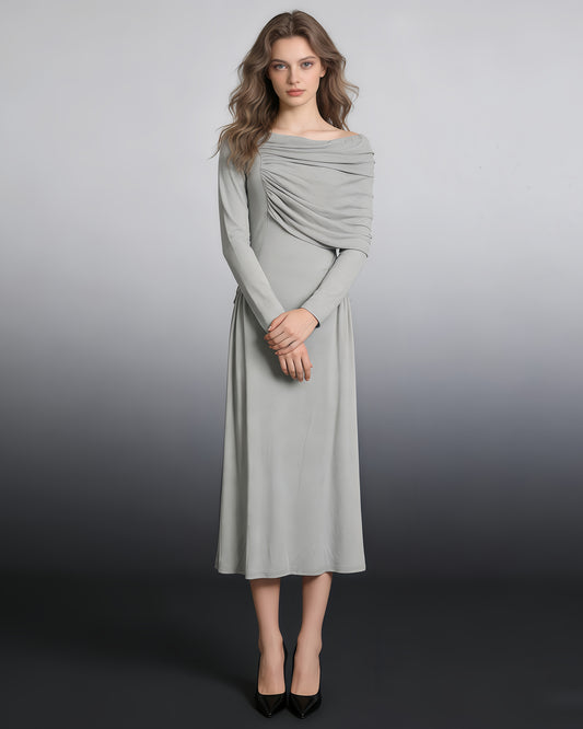 Grey Asymmetrical Draped Maxi Dress