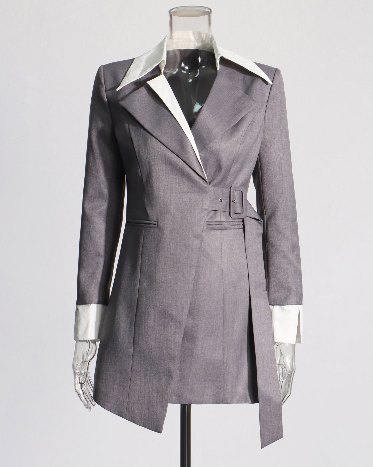 Grey Blazer with Contrast Collar & Waist Belt
