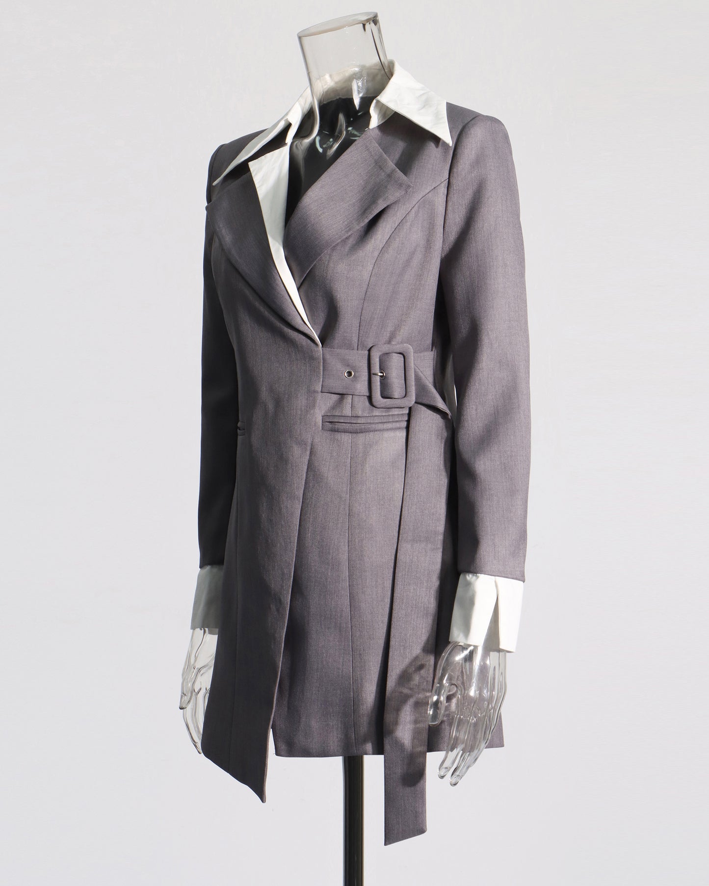 Grey Blazer with Contrast Collar & Waist Belt