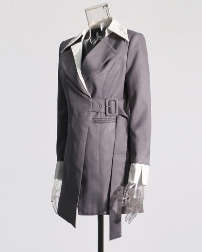 Grey Blazer with Contrast Collar & Waist Belt