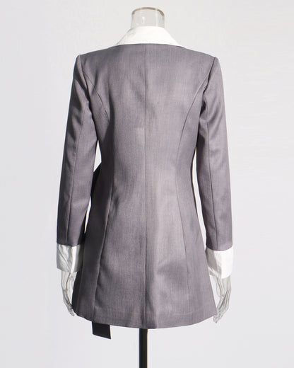 Grey Blazer with Contrast Collar & Waist Belt