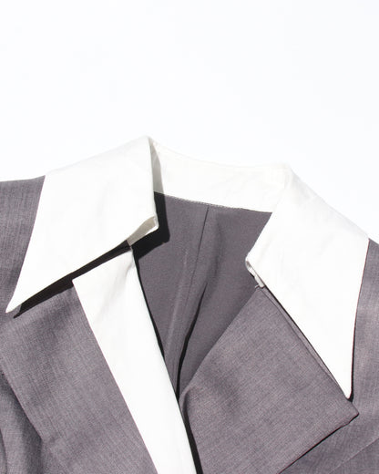 Grey Blazer with Contrast Collar & Waist Belt