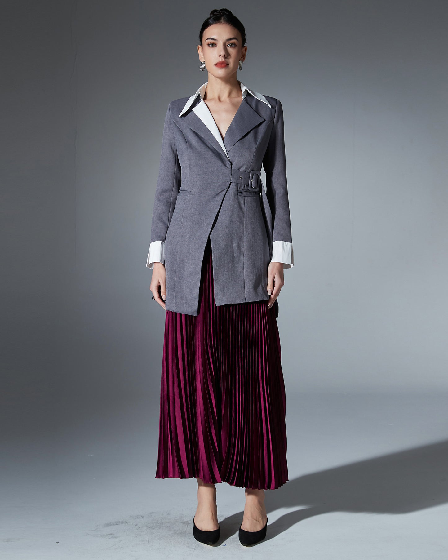 Grey Blazer with Contrast Collar & Waist Belt