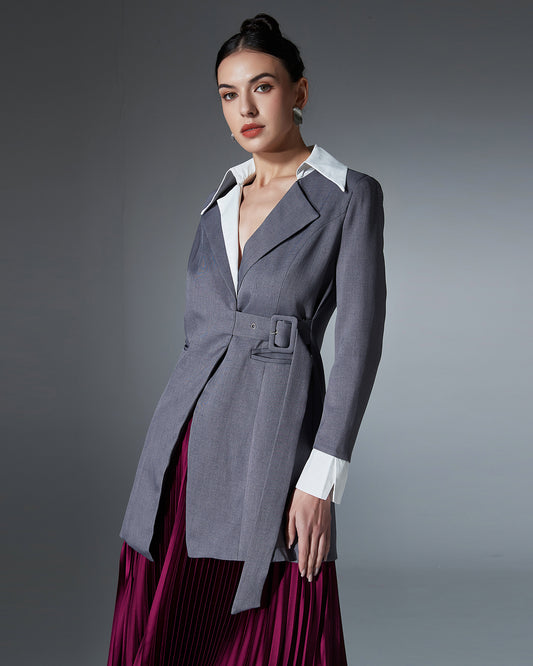 Grey Blazer with Contrast Collar & Waist Belt