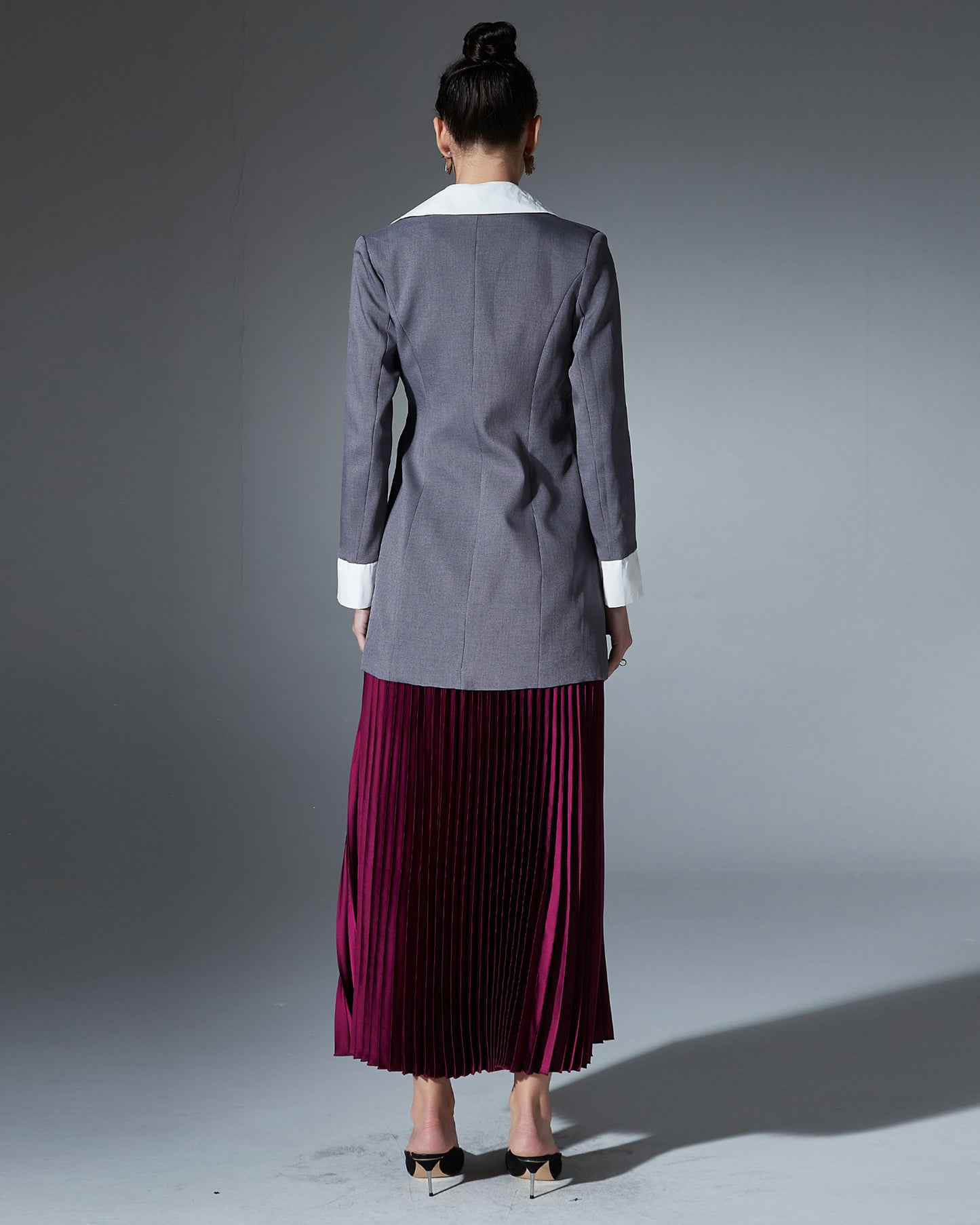 Grey Blazer with Contrast Collar & Waist Belt