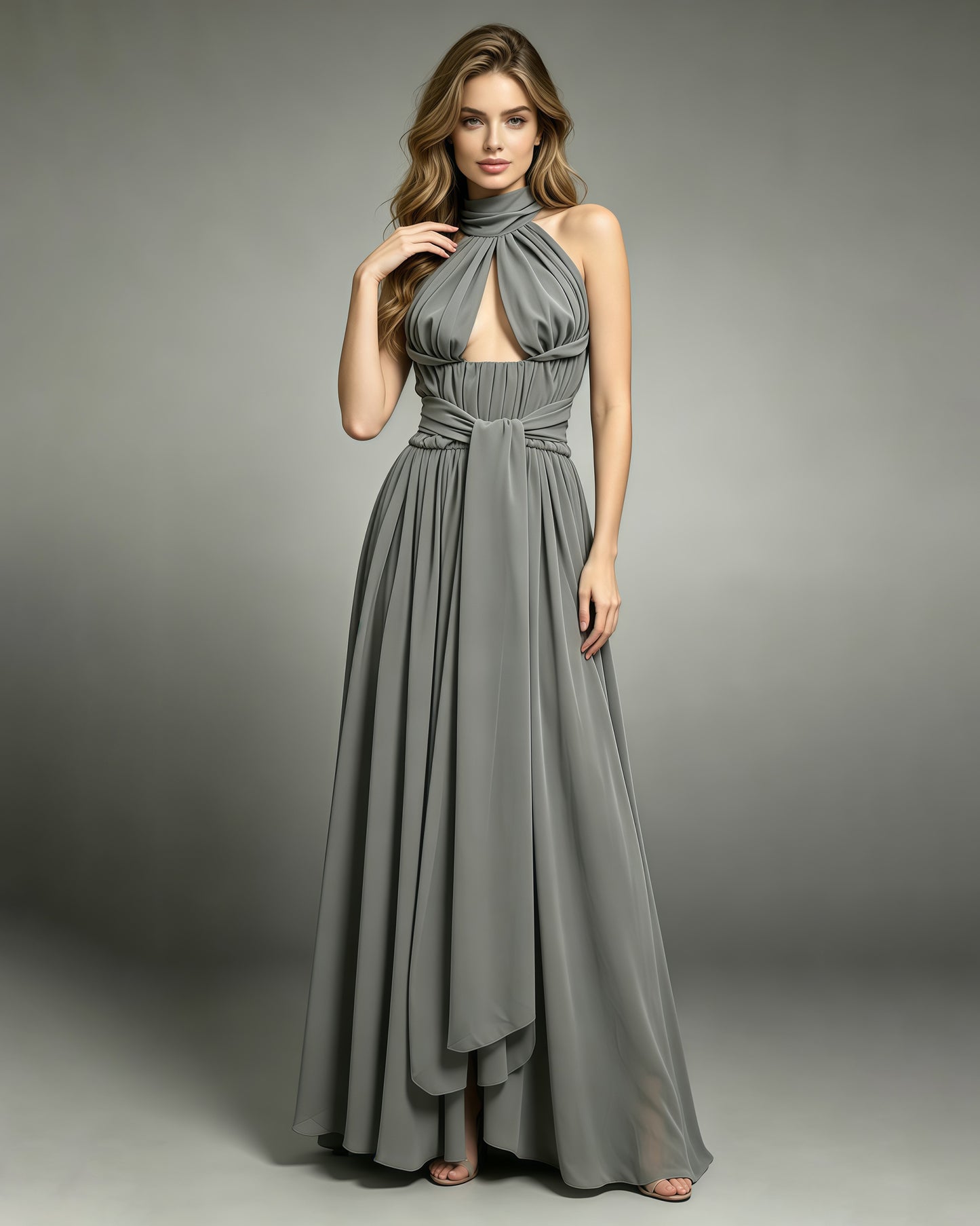 Grey Halter Neck Chiffon Waist Sash Maxi Dress