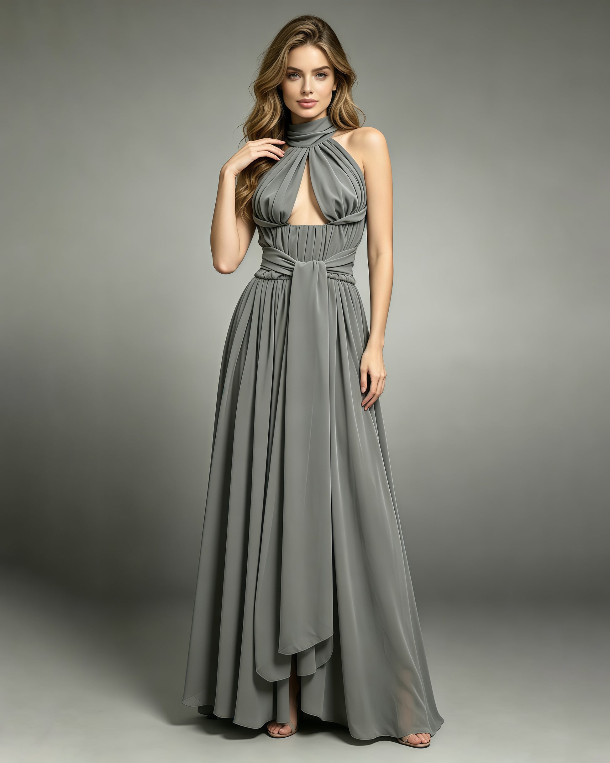 Grey Halter Neck Chiffon Waist Sash Maxi Dress  SISPELL