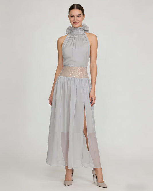 Grey Halter Sequin Waist Chiffon Maxi Dress