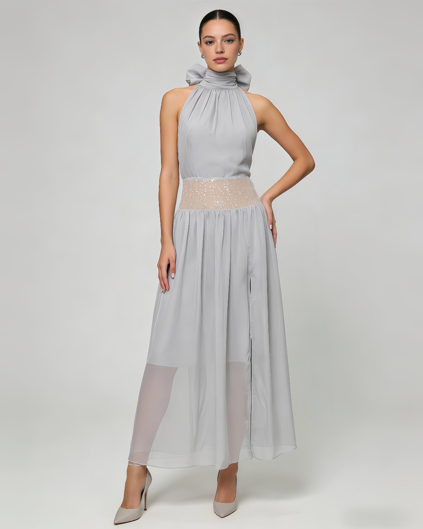 Grey Halter Sequin Waist Chiffon Maxi Dress